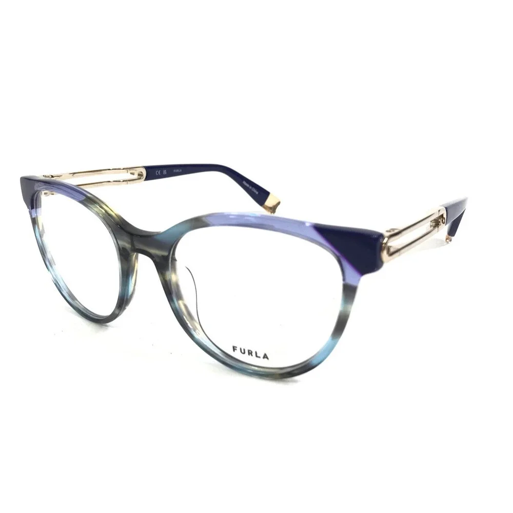 Furla Eyeglasses Frame VFU672 COL.0931 Blue Horn Gold Cat Eye Full Rim 51-19-135